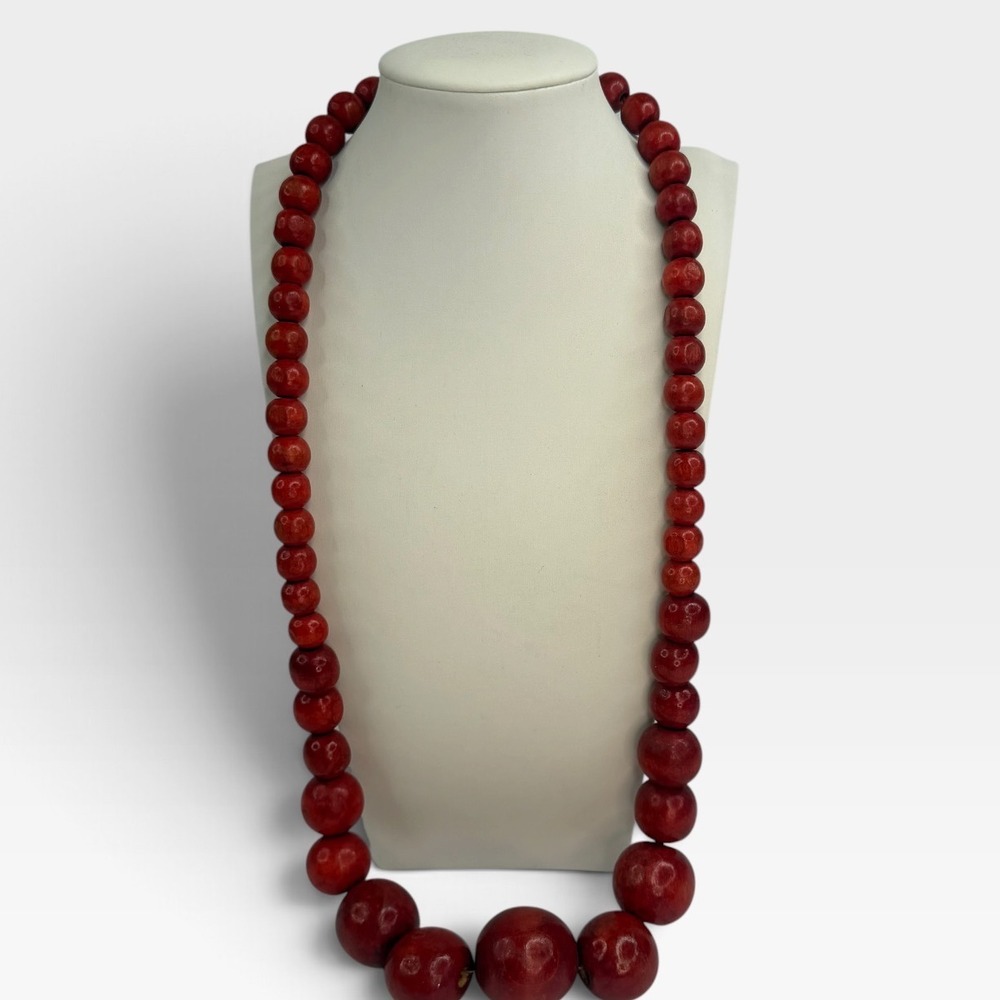 Vintage Chunky Red Graduated Wooden Bead Statement Necklace Boho Earthy Y2K 90s